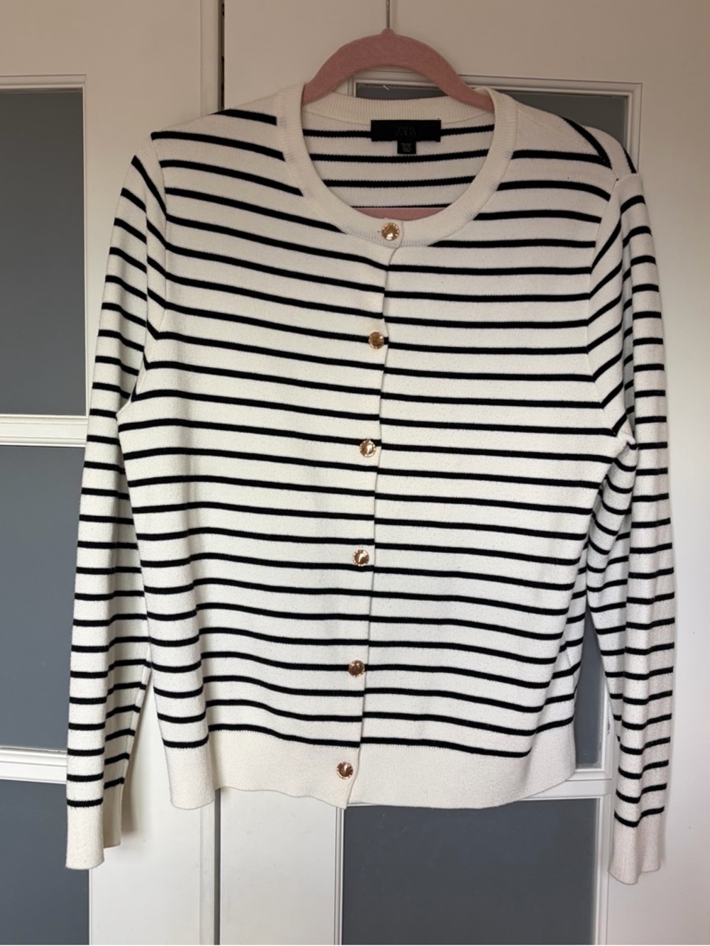 Zara White and Black Striped Button-Front Cardigan
